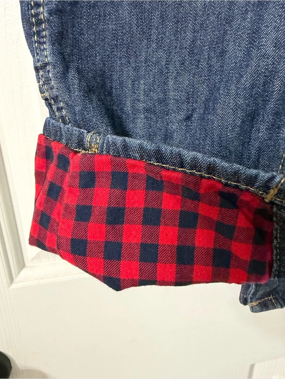OshKosh B'gosh Dark Blue Denim Overalls with Red Plaid Trim